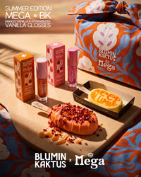 Mango Vanilla and Strawberry Vanilla Juicy Bloom Gloss with matching cartons, Mega treats and the patterned collaboration pouch