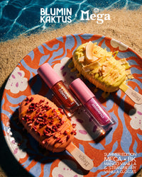 Mango Vanilla and Strawberry Vanilla Juicy Bloom Gloss with both Mega treats in a colorful summer campaign scene
