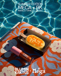 Mango Vanilla Juicy Bloom Gloss with its matching Mega treat and packaging on the collaboration textile
