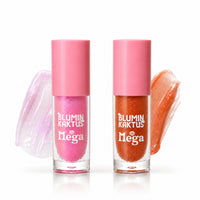 Juicy Bloom Gloss Duo tubes in Strawberry Vanilla and Mango Vanilla with their sheer shimmer swatches