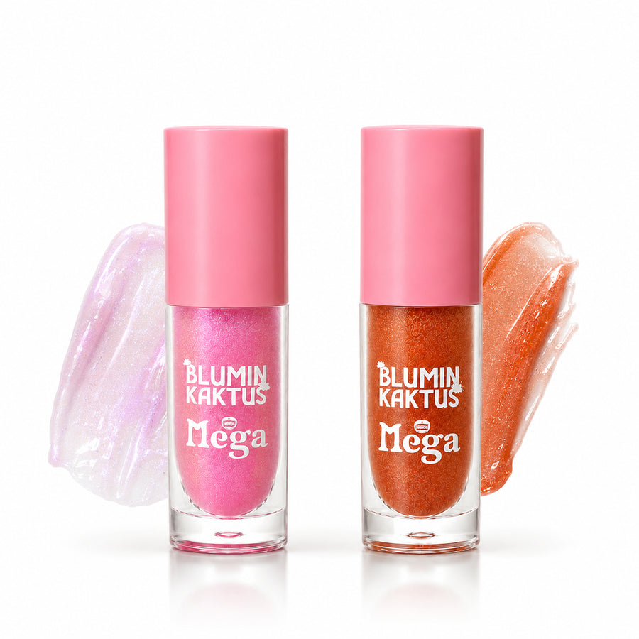 Juicy Bloom Gloss Duo tubes in Strawberry Vanilla and Mango Vanilla with their sheer shimmer swatches