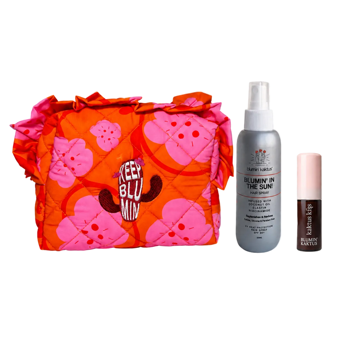 Orange Blumin’Kaktus Ruffle Beauty Pouch with Cocoa Drip lip oil and hair spray