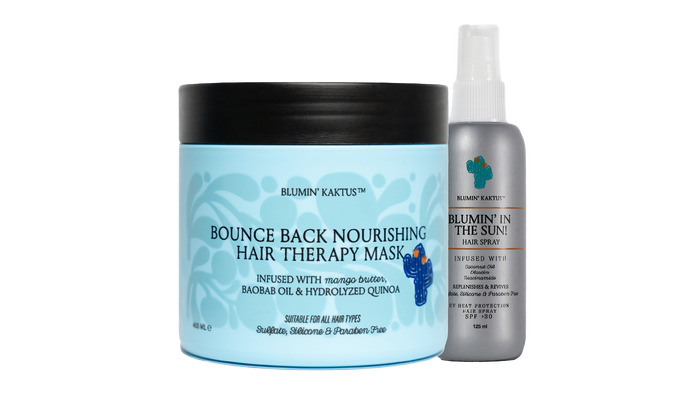 Bounce Back Nourishing Hair Therapy Mask and Blumin’ In The Sun Hair Spray in The Treat & Shield Duo